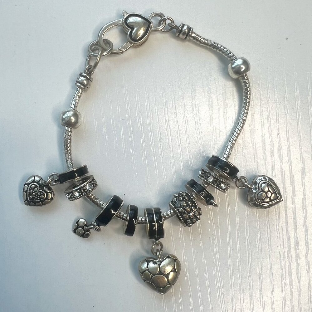 Silver Charm Bracelet with Hearts & Black Accents